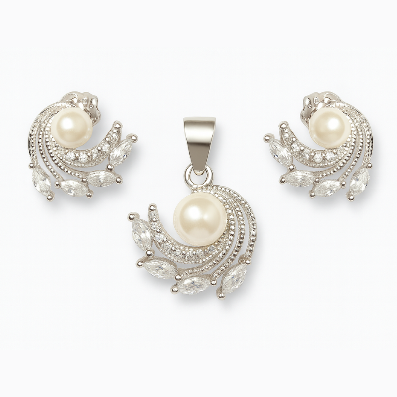 Silver elegant pearl and zirconia pendant set