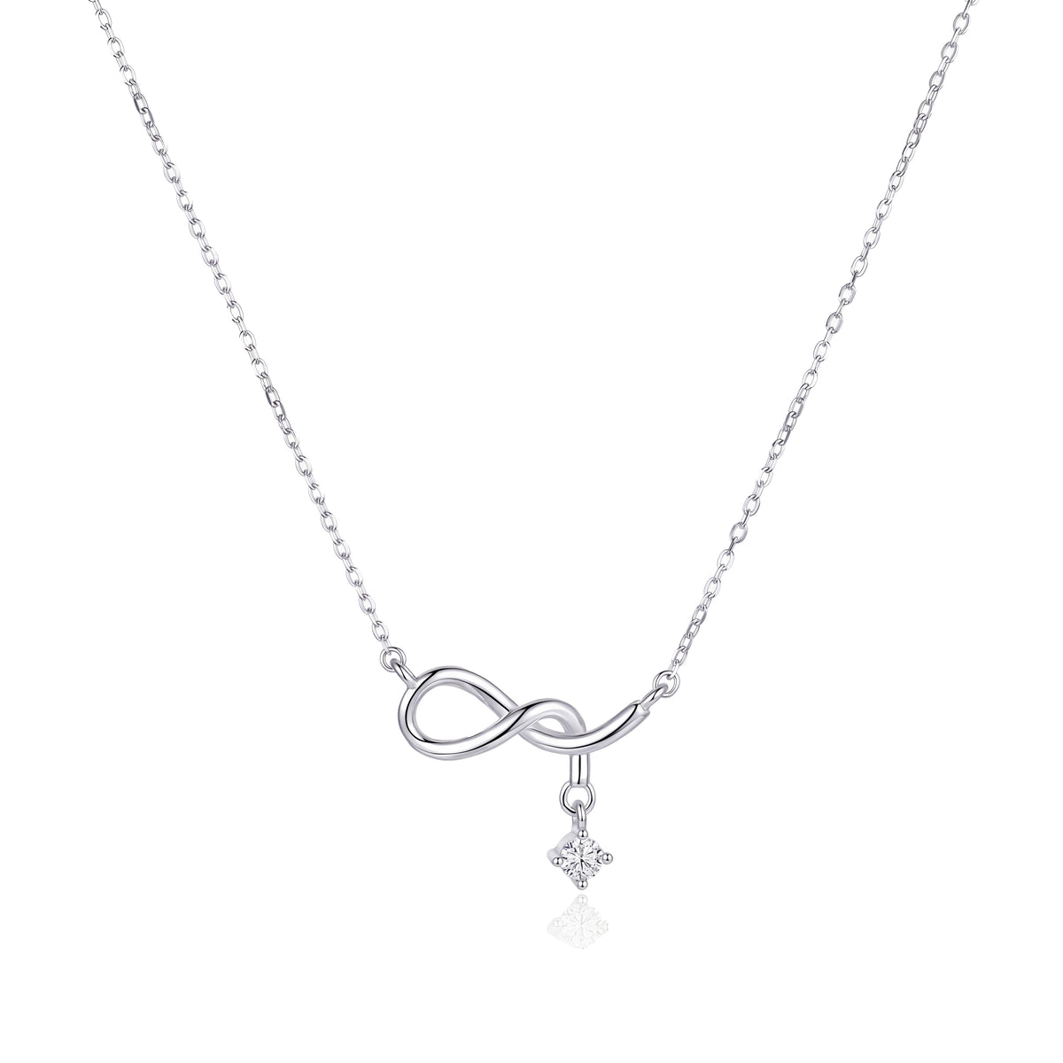 A silver infinity necklace with a small dangling star charm, shown on a clean white background.