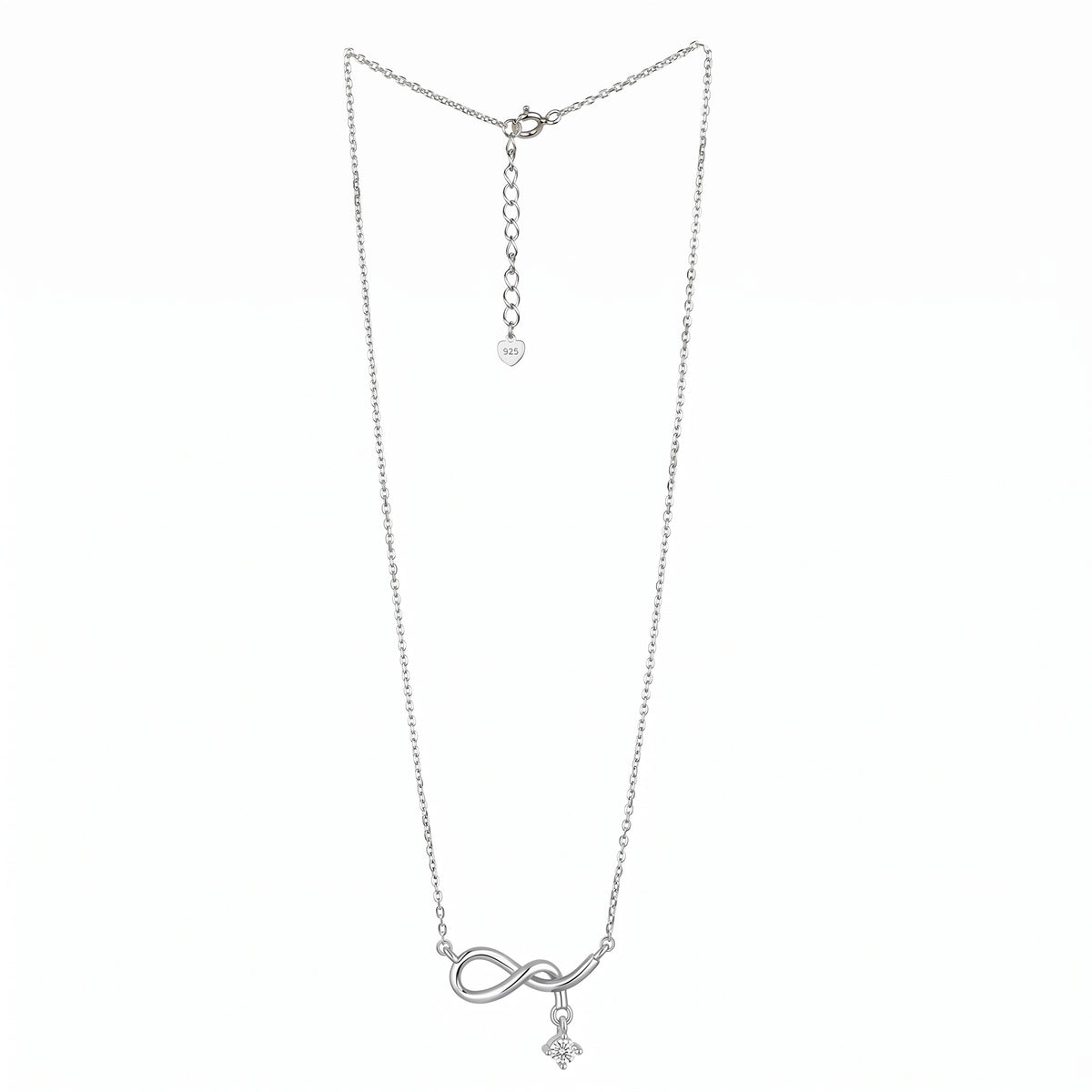 A delicate silver chain necklace featuring an infinity symbol pendant with a small cross charm hanging below, displayed against a solid white background infinity drop necklace. 