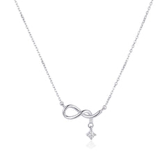 A silver infinity necklace with a small dangling star charm, shown on a clean white background.