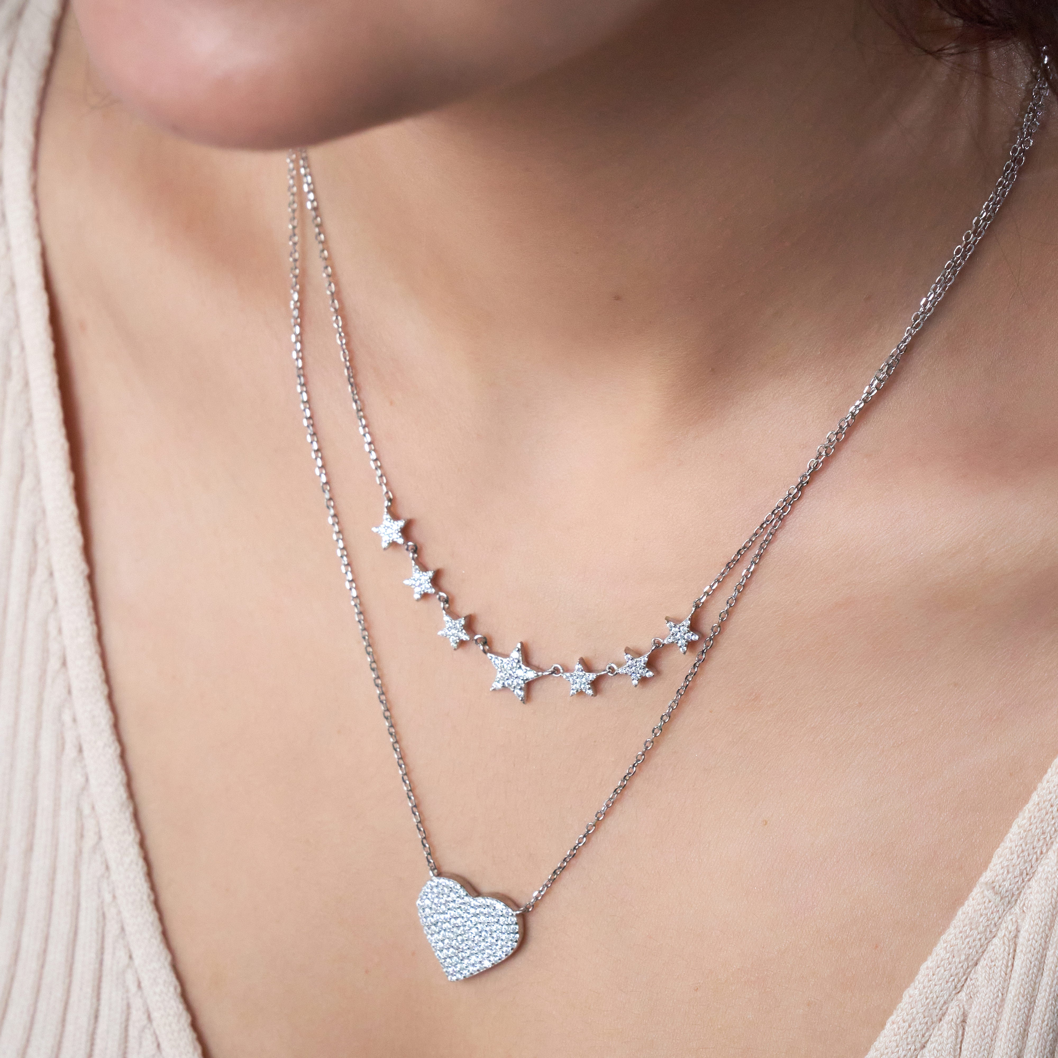 Silver Celestial Heart Double Layer Set