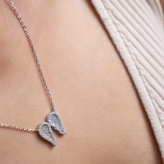 Silver Sparkling guardian angel wings chain pendant for her