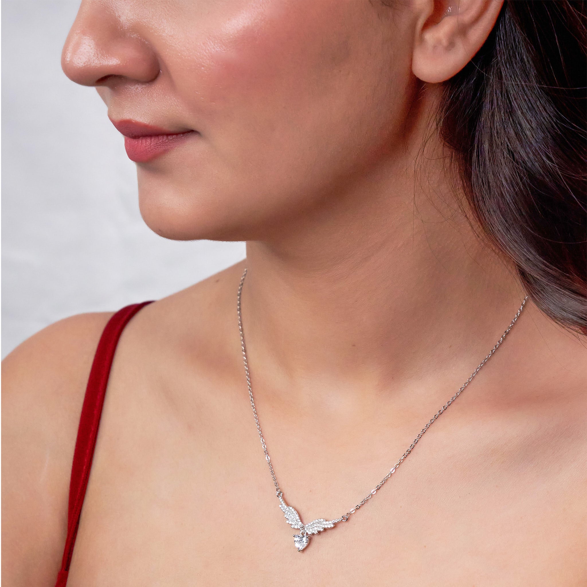Silver Angel Wings Heart Chain Pendant