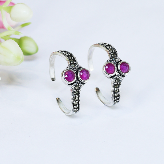 Silver Pink Oxidized Heritage Toe Rings