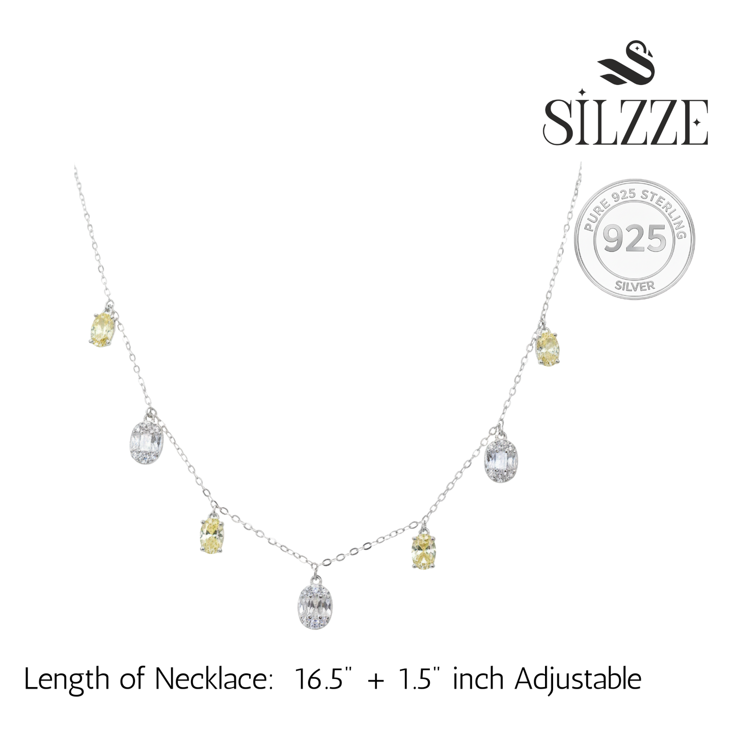 Silver Oval yellow and White stone charms Necklace