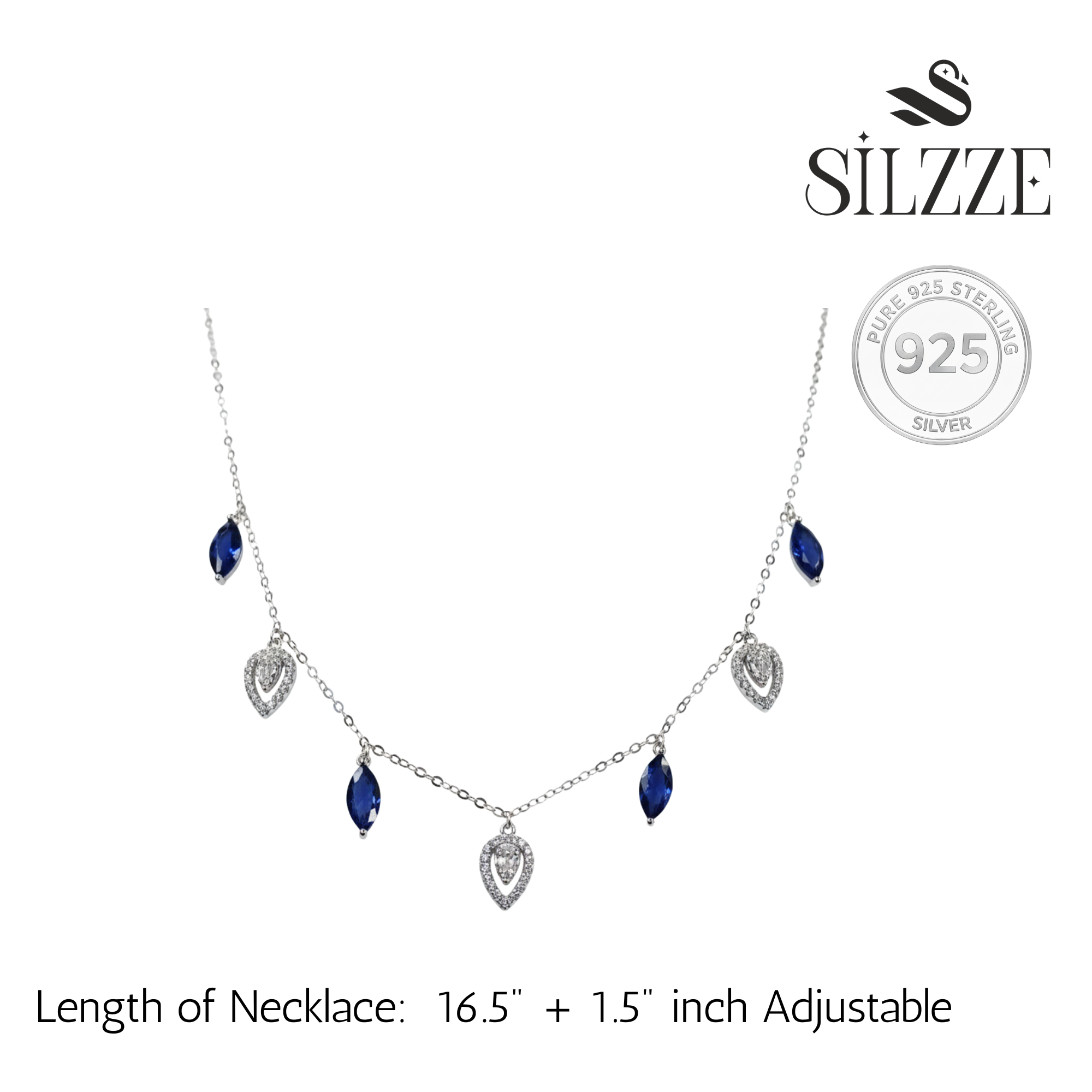 Silver Deep Blue Marquise & Teardrop Dangle Necklace for her