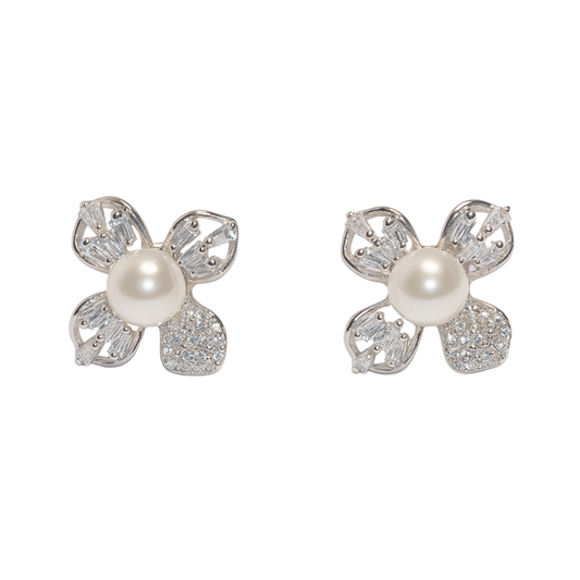 Silver Pearl with Floral Design Earrings