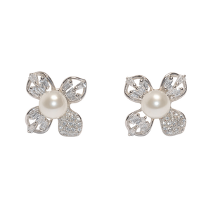 Silver Pearl with Floral Design Earrings