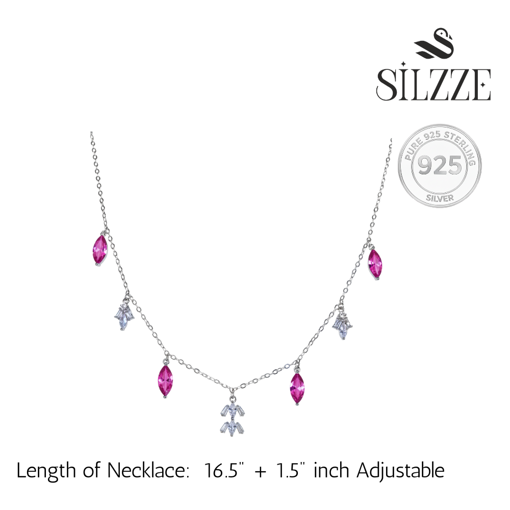 Silver Hot Pink Marquise Dangle Necklace