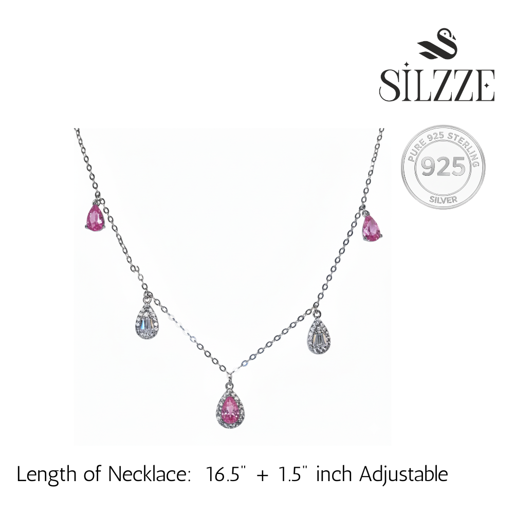 Silver Pink Stone Tear Drop Necklace