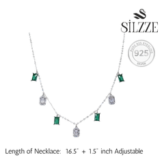 Silver Emerald and Cubic Zirconia Station Dangle Necklace