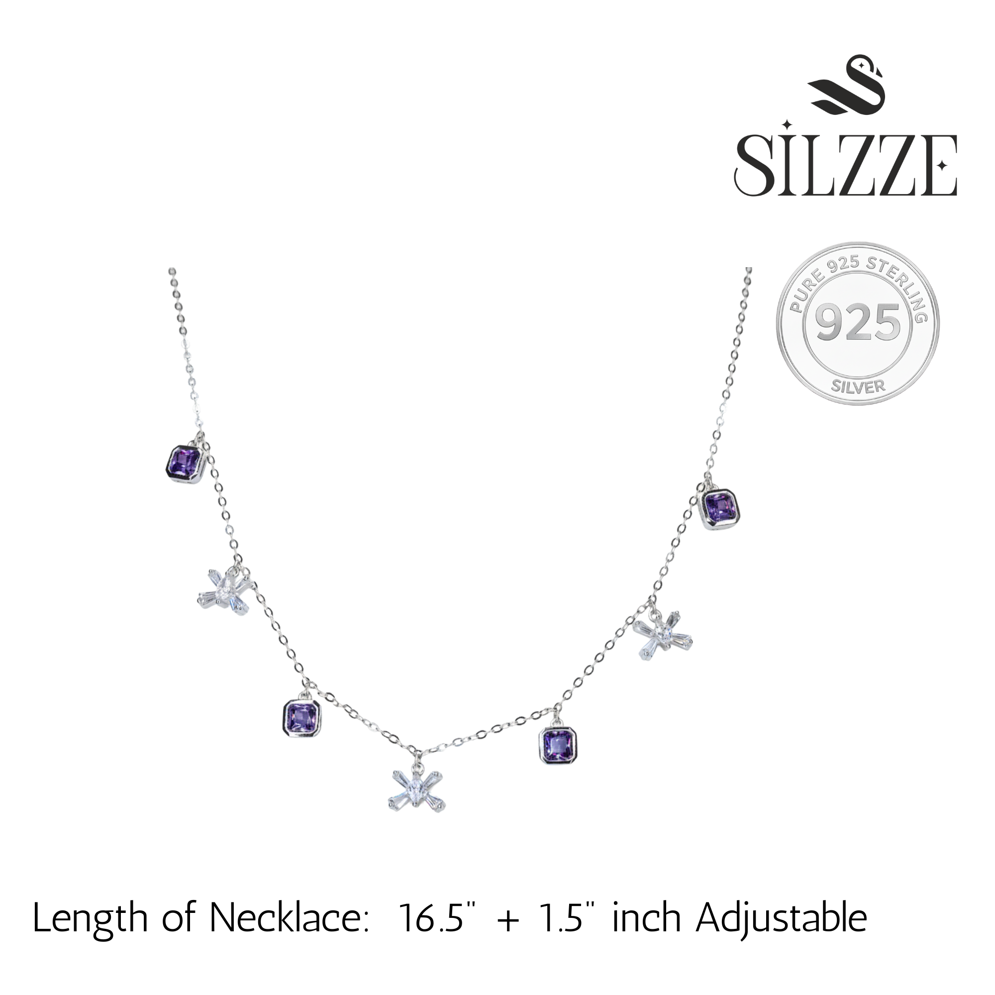 Silver Cluster Square Purple Necklace