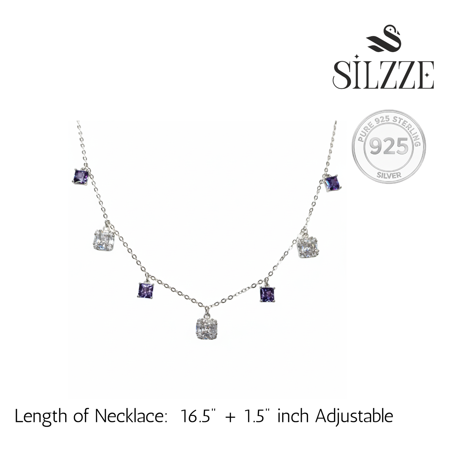 Silver Cushion Cut Purple Dangling Necklace