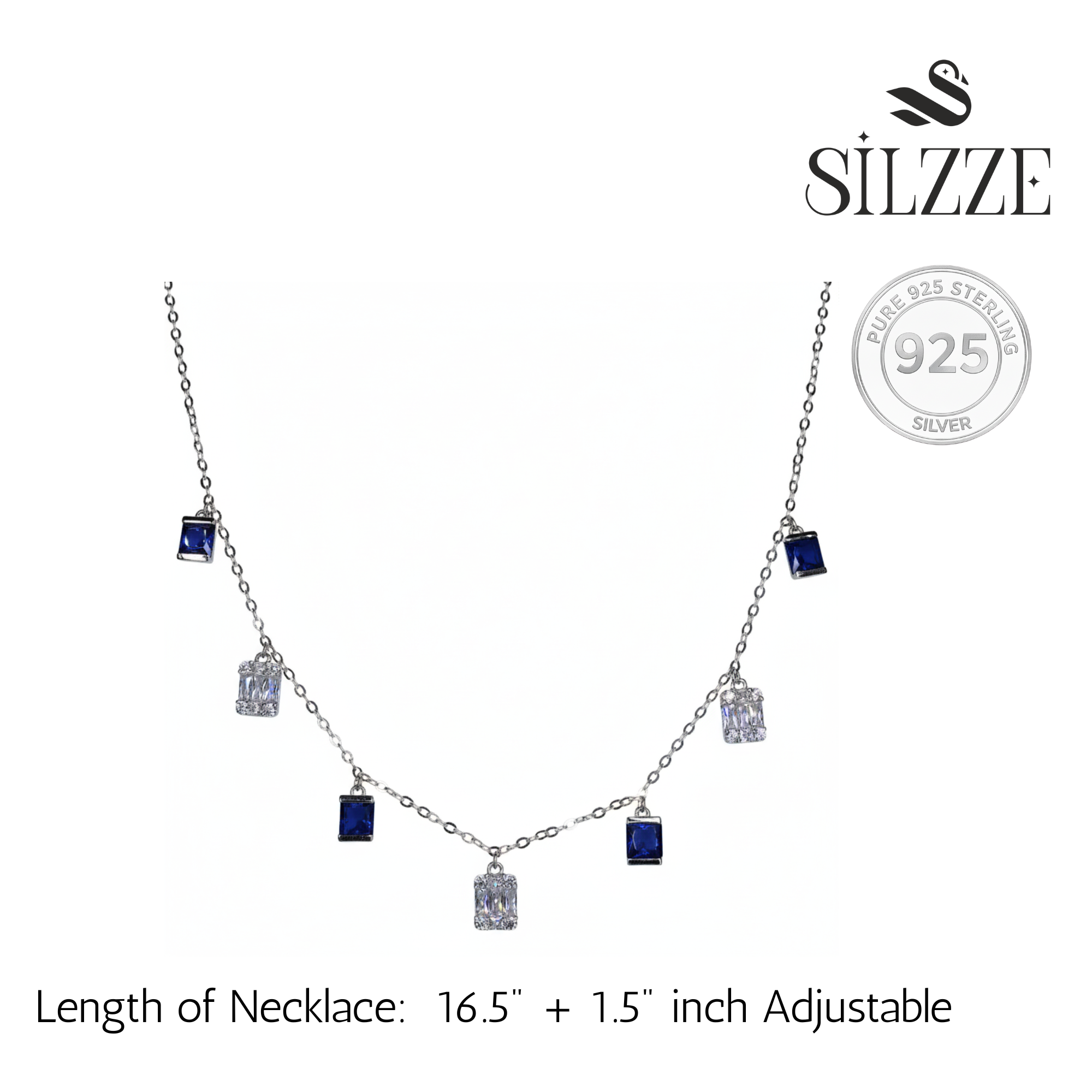 Silver Sapphire Blue Baguette Necklace
