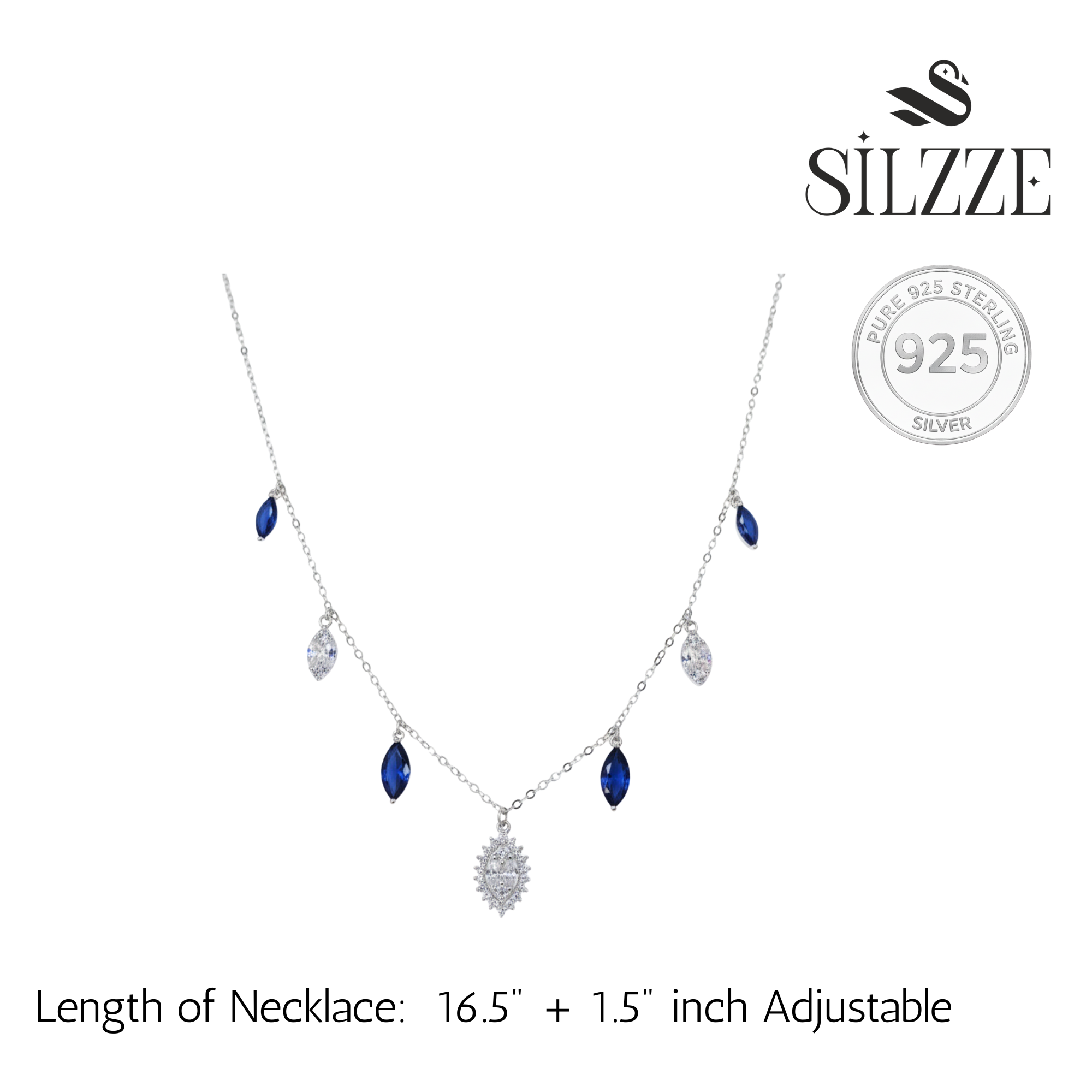 Silver Cascading Blue Marquise Drop Necklace