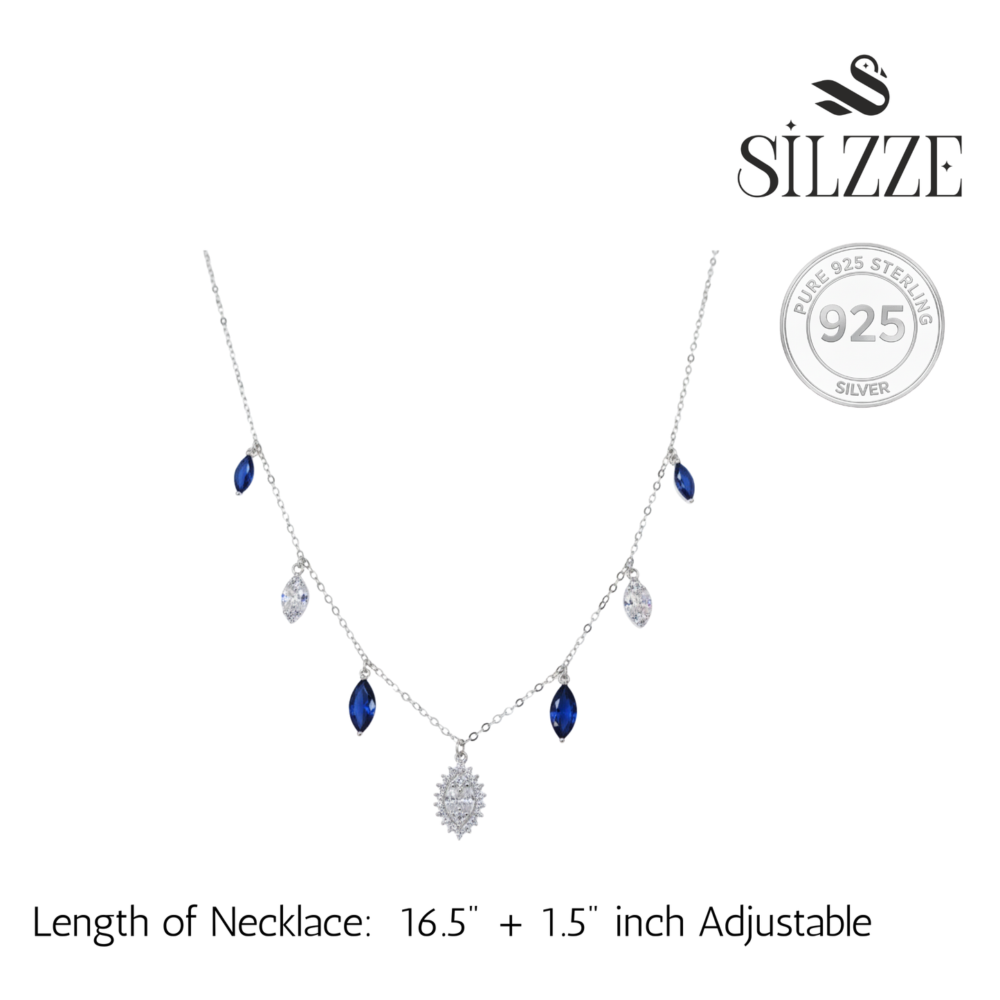 Silver Cascading Blue Marquise Drop Necklace