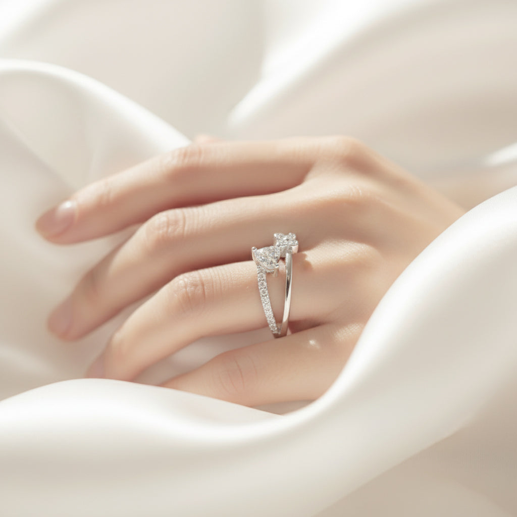 Silver Romantic Heart & Butterfly Diamond-Look Adjustable Dual-Band Ring