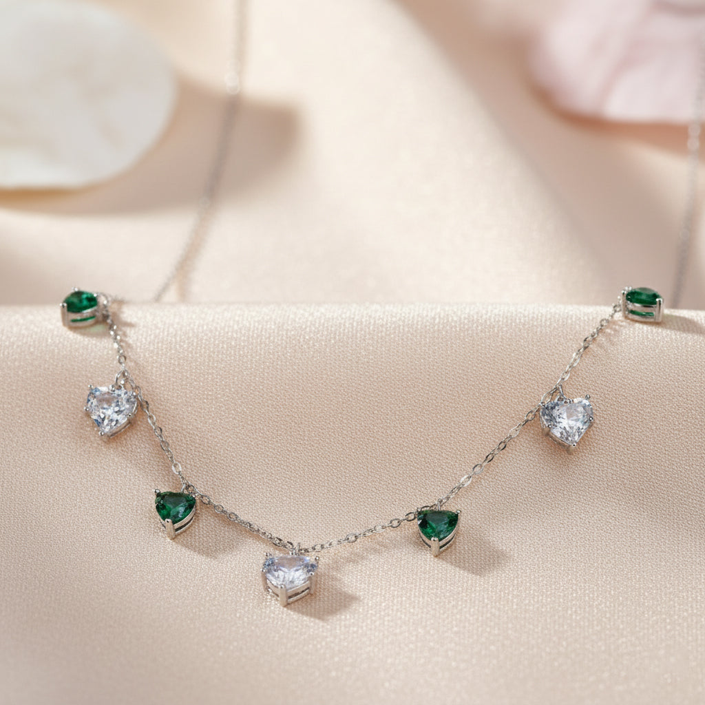 Silver Heart Cosmos Green Necklace