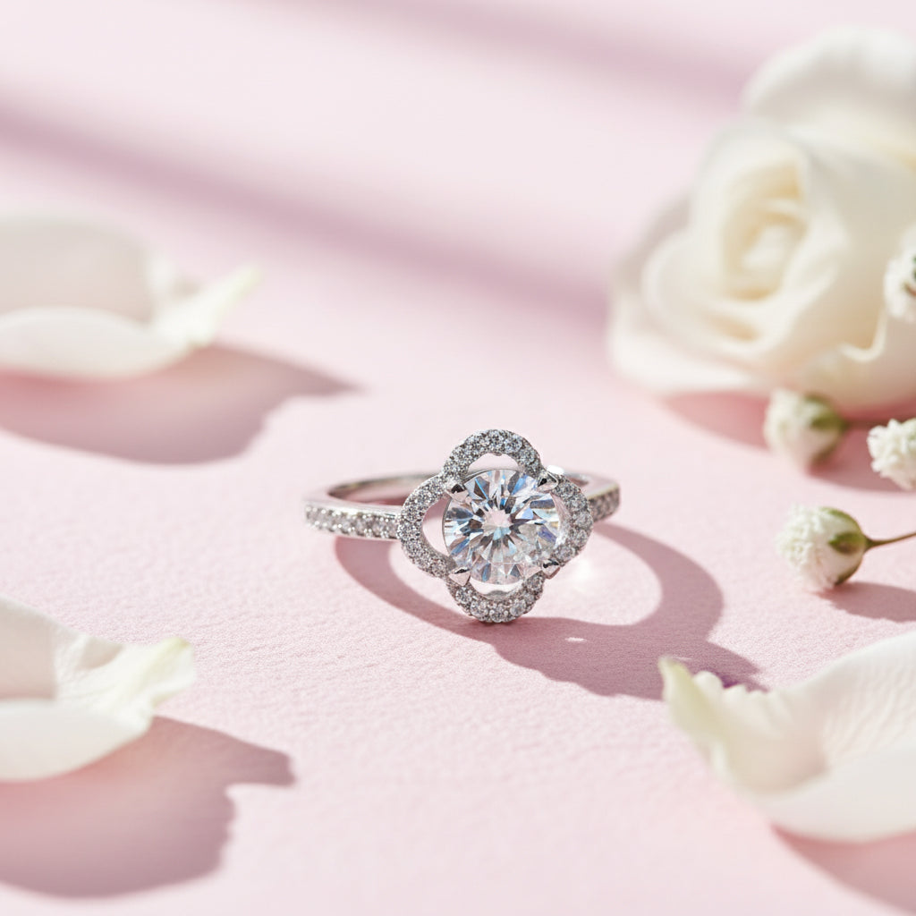 Silver Clover Halo Solitaire Engagement Ring