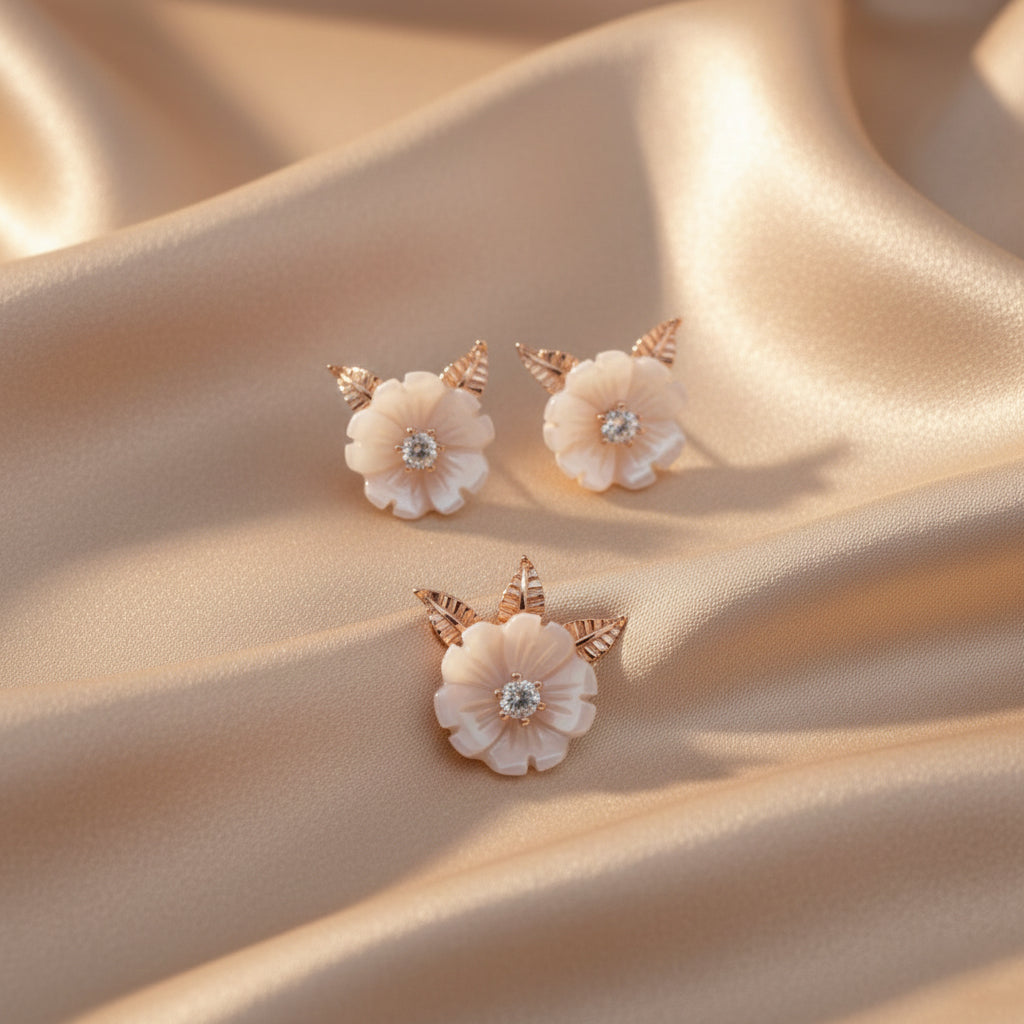 Silver Rose gold MOP Blooming flower leaf Pendant Set