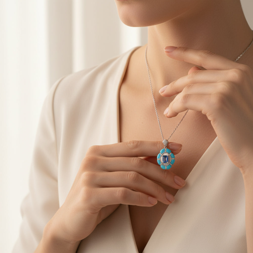 Silver Santorini sunset Turquoise Blue Luminous Pendant