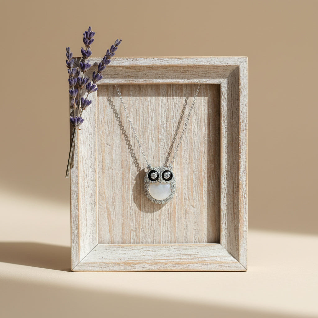 Silver Wise Owl Necklace pendant with Mother of Pearl and CZ