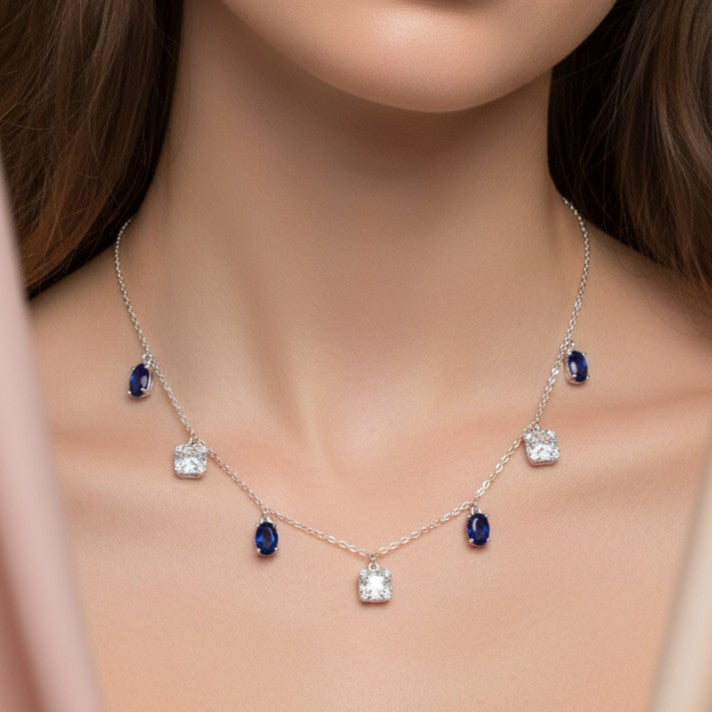 Silver Sapphire-Inspired Dangle Chain Necklace