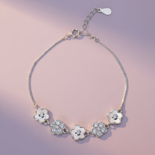 Silver Cute Flower Design Chain Bracelet With MOP & CZ Diamonds