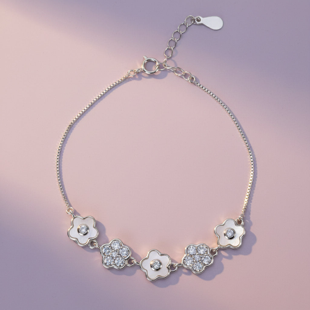 Silver Cute Flower Design Chain Bracelet With MOP & CZ Diamonds