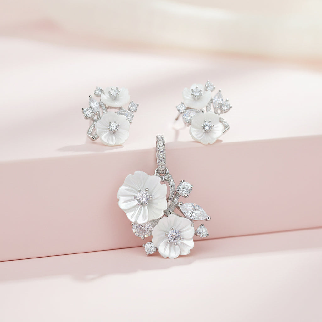Silver Mother of pearl Bouquet Marquise CZ Pendant Set