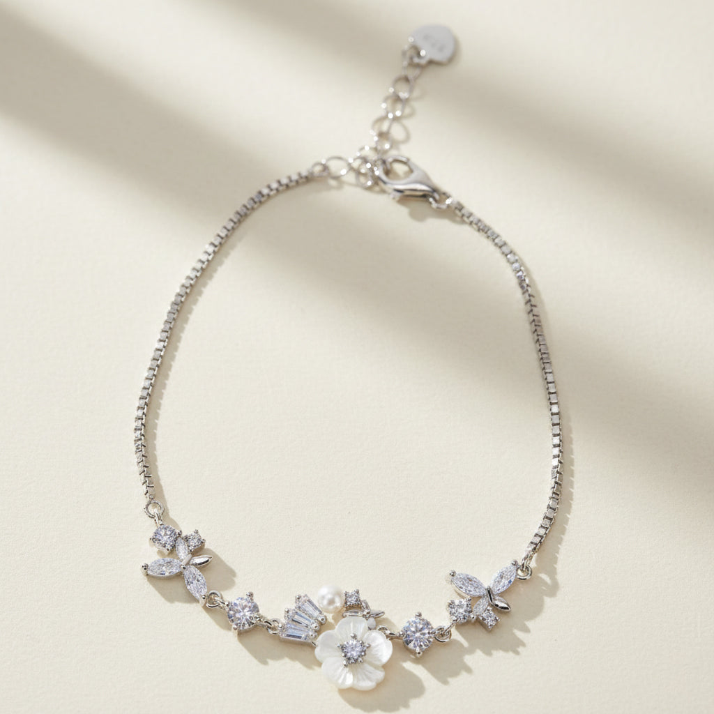 Silver Cute Whimsical Flower and Butterfly Bracelet for her