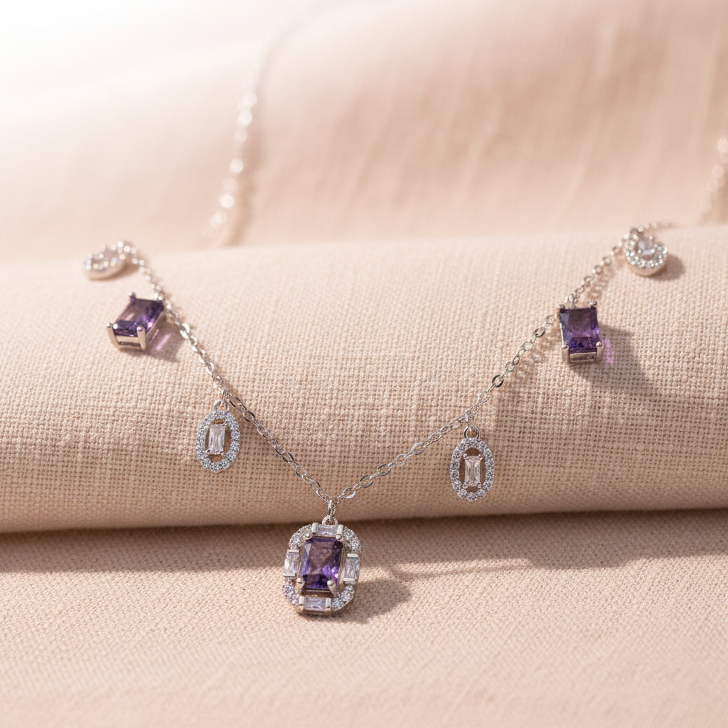 Silver Amethyst Hued Dangle Necklace