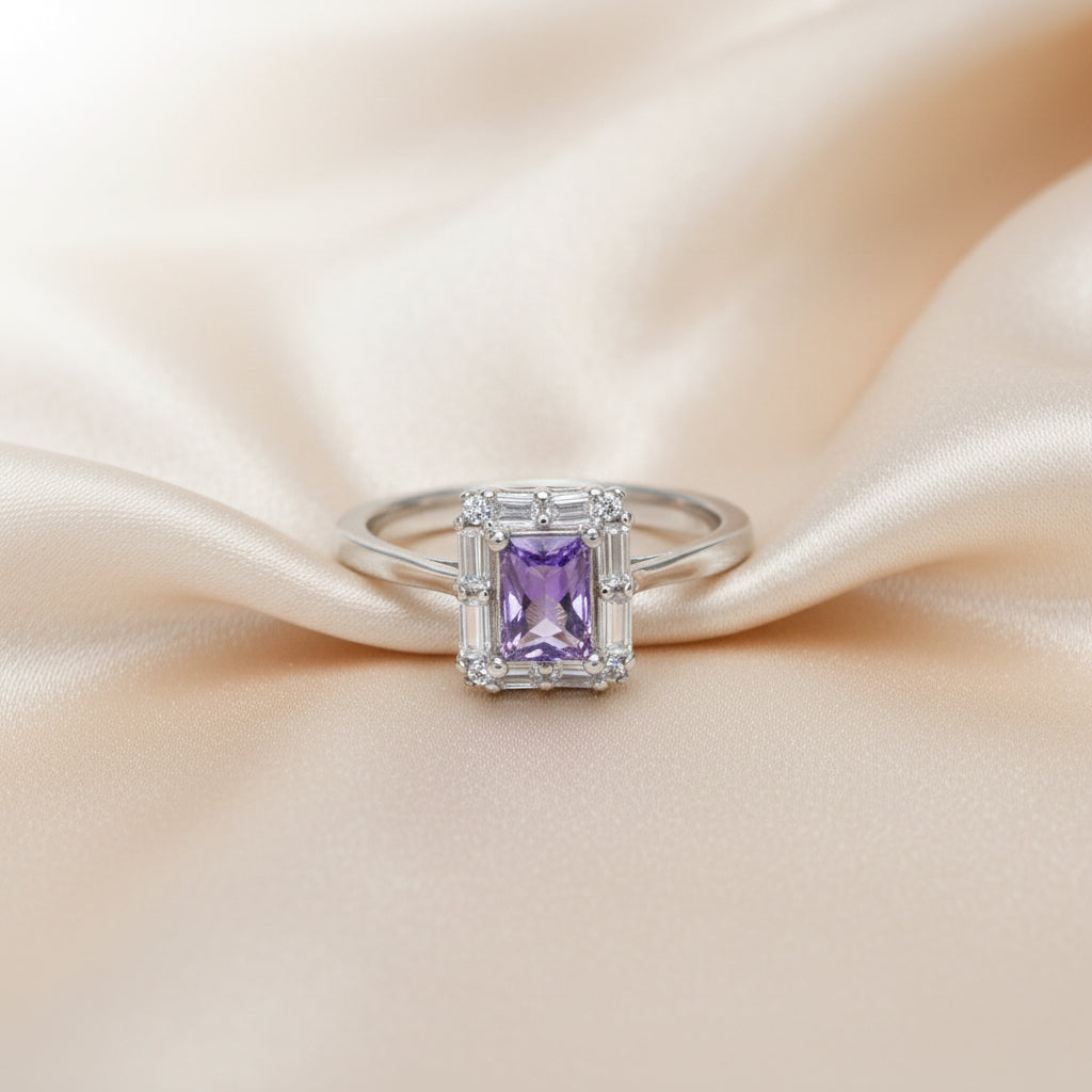Silver Radiant Halo Purple Baguette ring for her