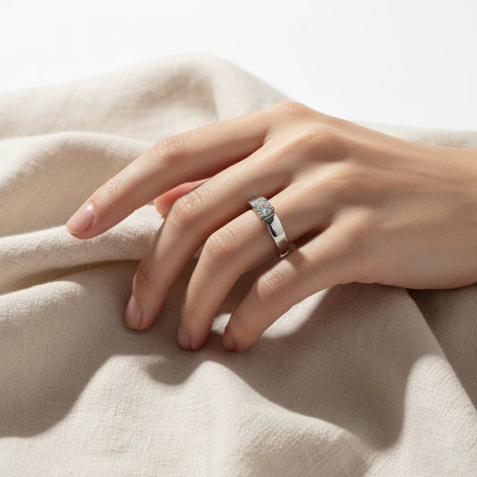 Silver Contemporary Sleek Solitaire(AD) Adjustable Ring for her