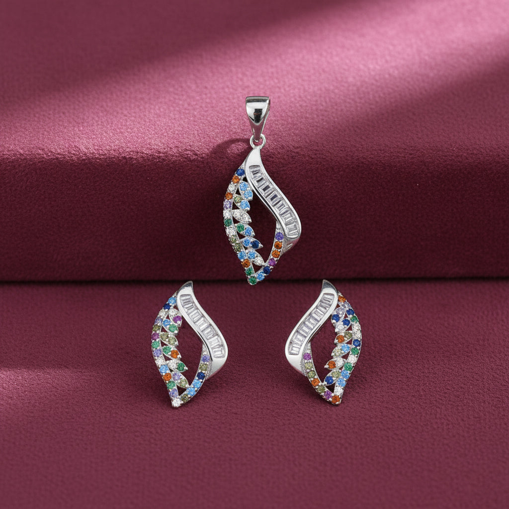 Silver Multicolored Vivid Leaf Pendant Set for her