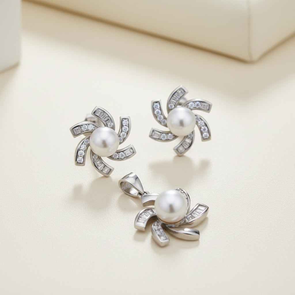 Silver whirlwind of flower pearl Pendant set