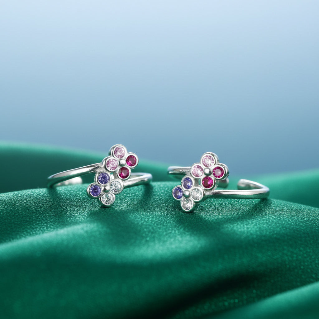 Silver Colourful Blossom Toe Ring