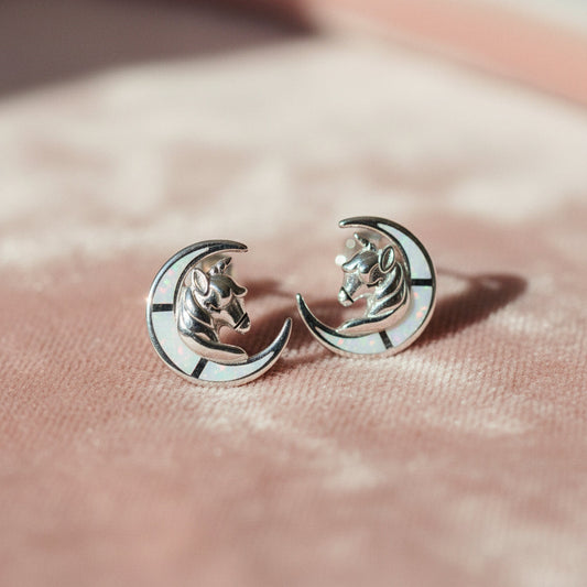 Silver Lunar White Unicorn Studs Earrings