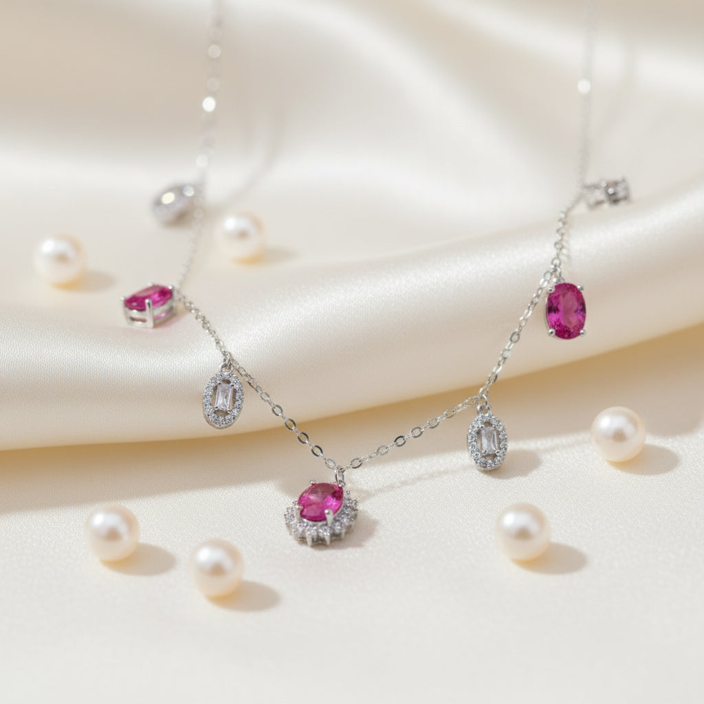 Silver Dainty Pink Dangle Necklace