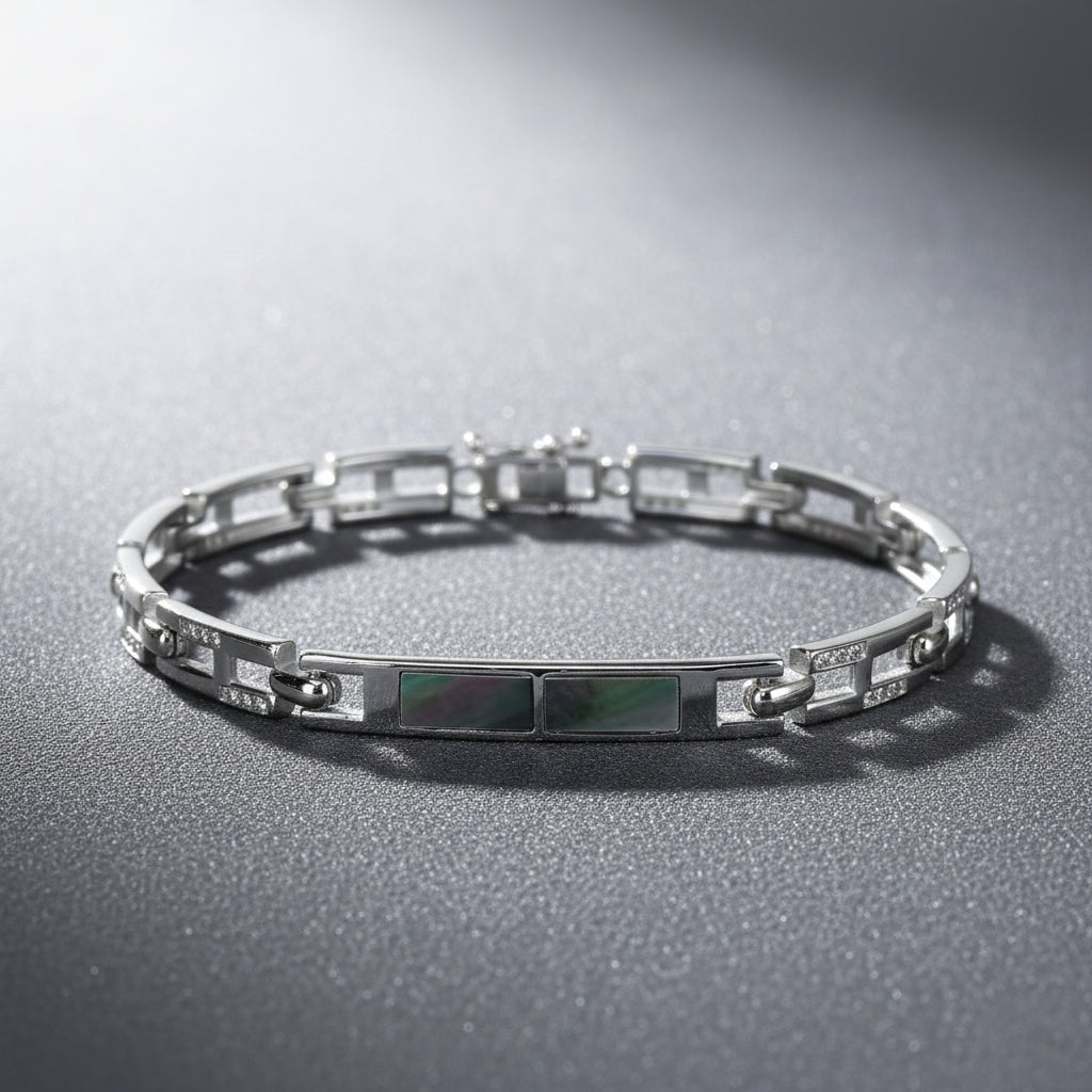 Silver Iris Blossom Inlay Link Bracelet for Him