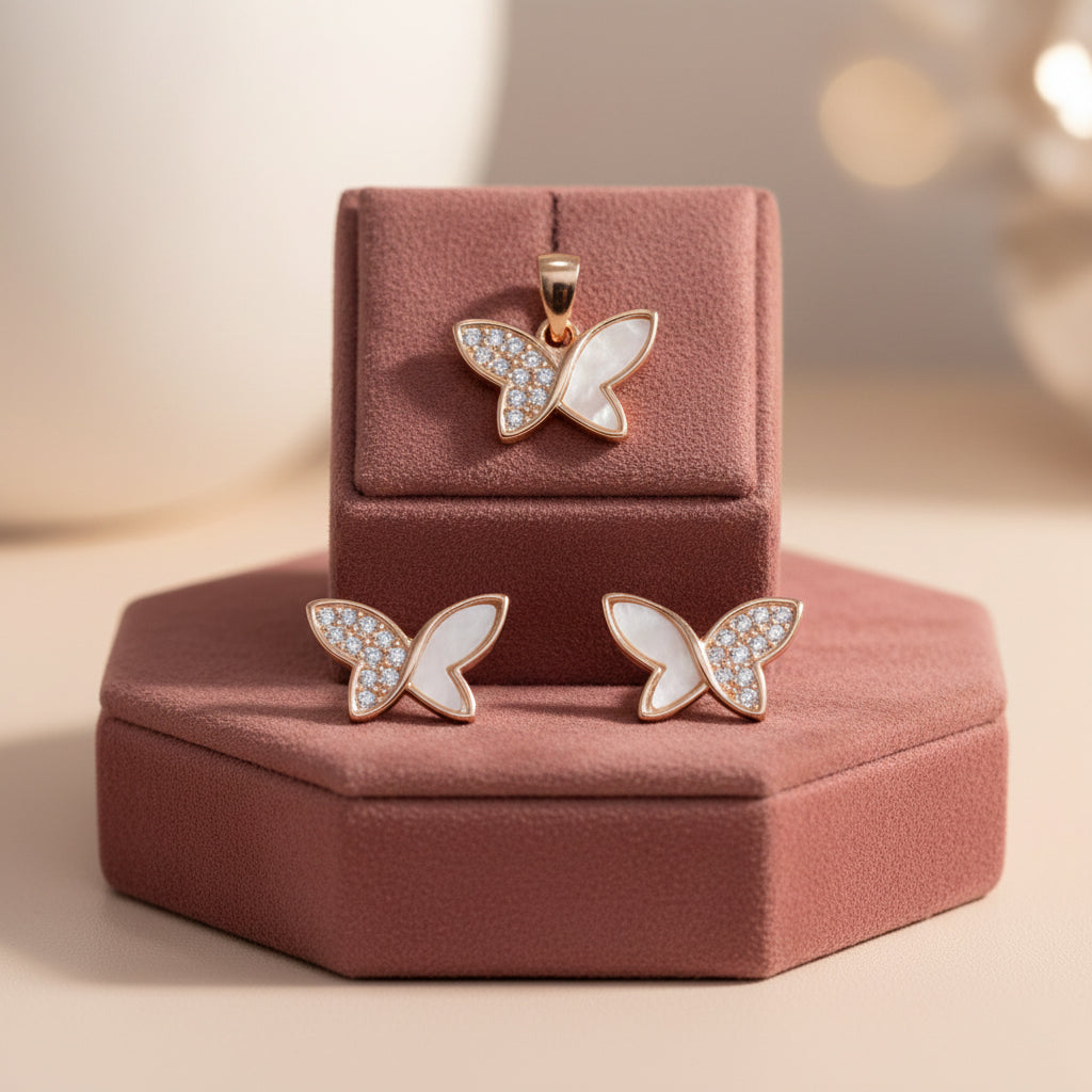 Rose gold Cute MOP Flutter Butterfly Pendant set
