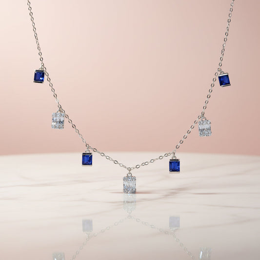 Silver Sapphire Blue Baguette Necklace