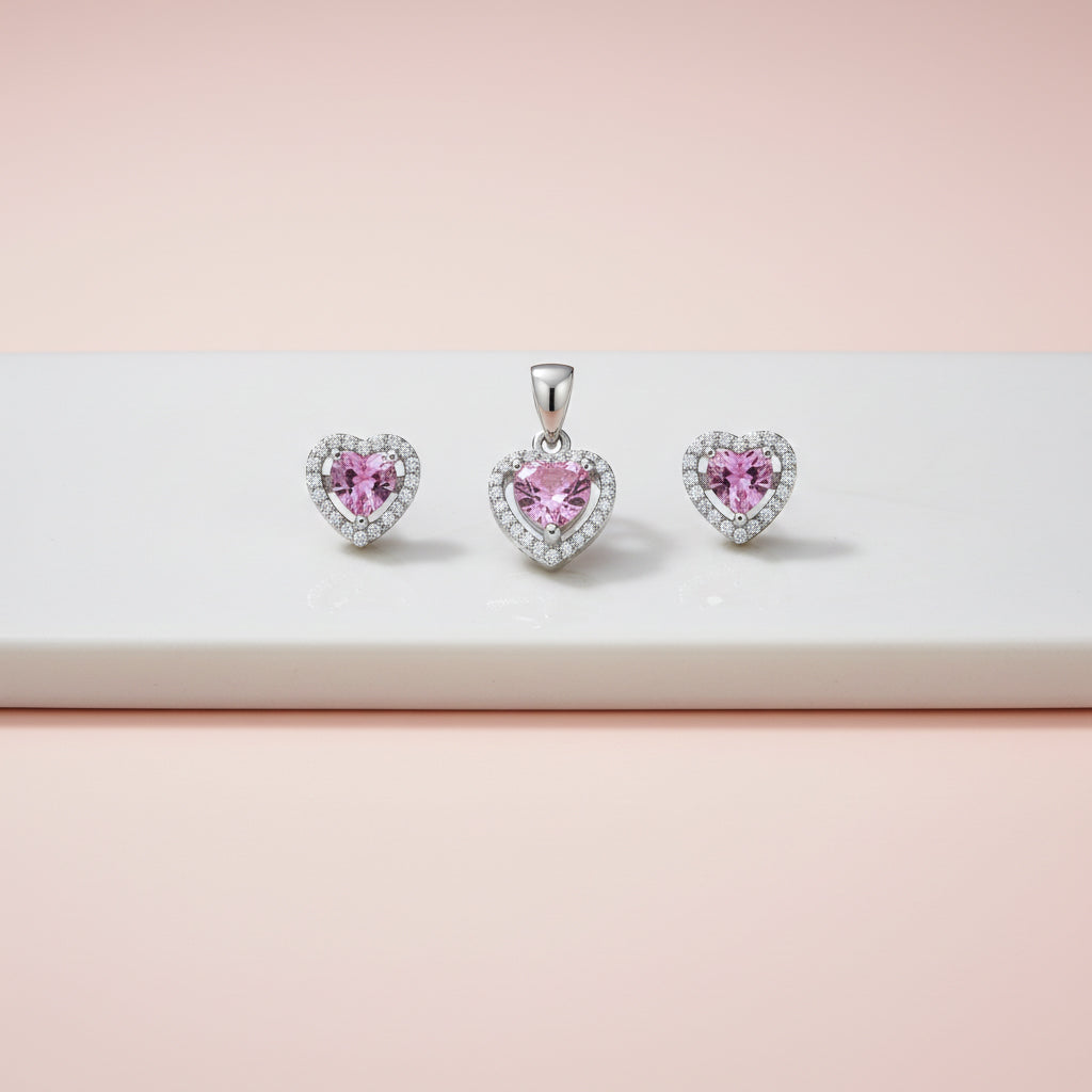 Silver Cute Pink Hearted Pendant Set for her