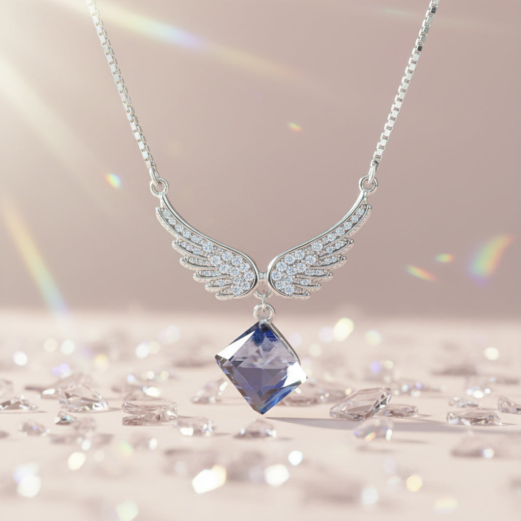 Silver Angel wings Deep Purple Crystal Pendant Necklace