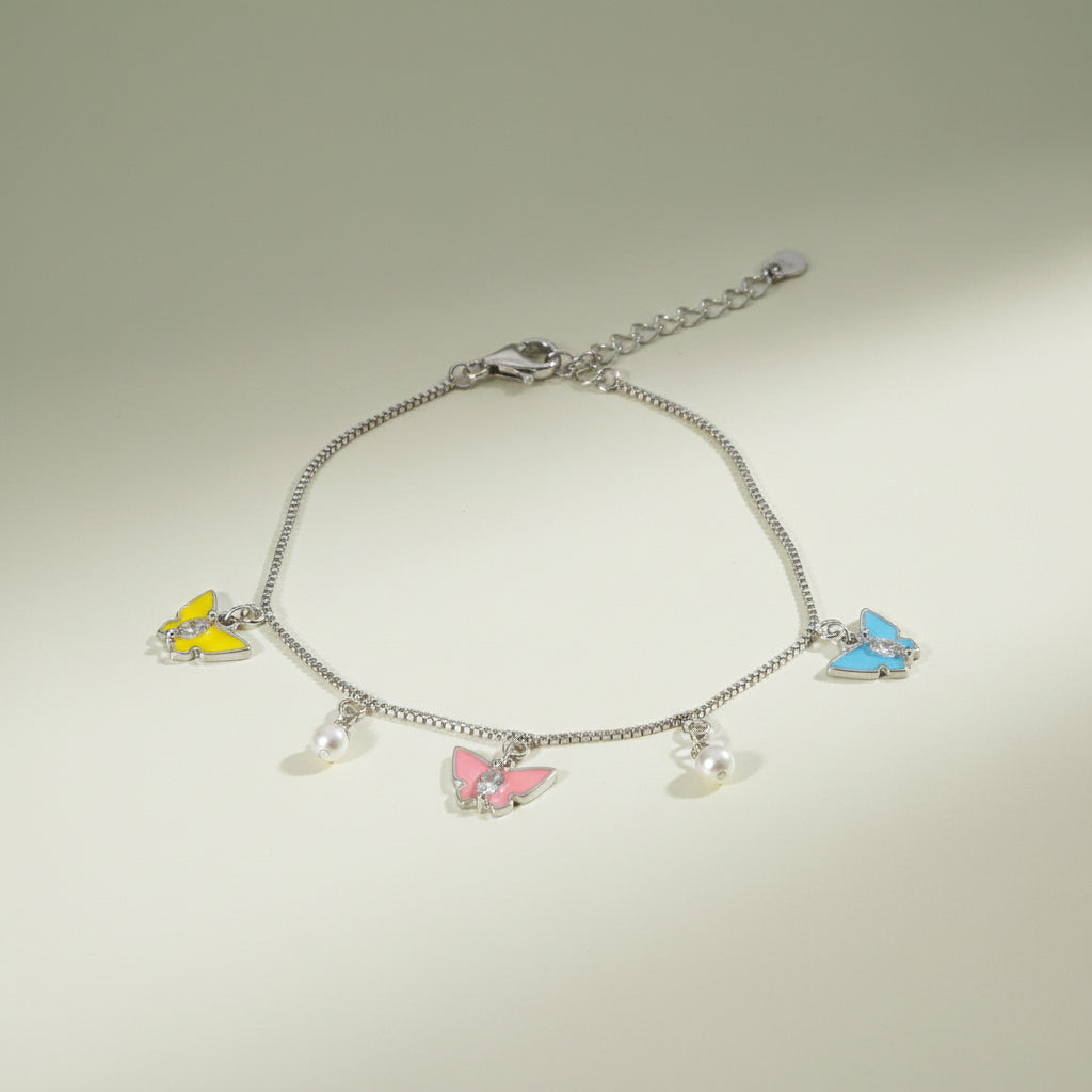 Silver Butterfly Charm Bracelet with Enamel & Pearl Drops