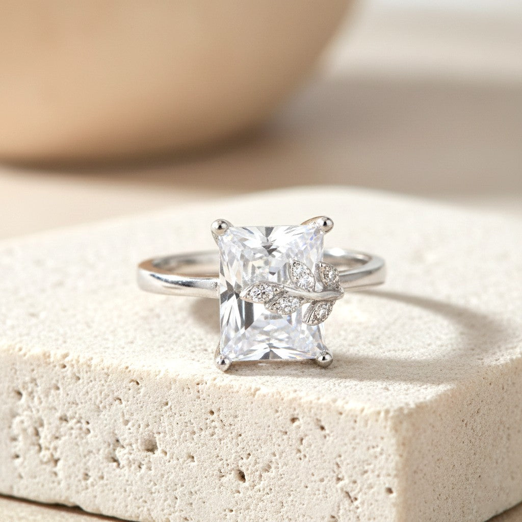 Silver Enchanted Leaf Emerald Cut Ring For Her