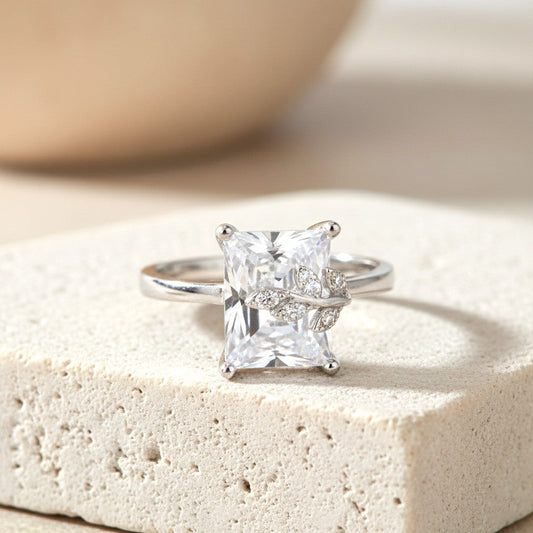 Silver Enchanted Leaf Emerald Cut Ring For Her