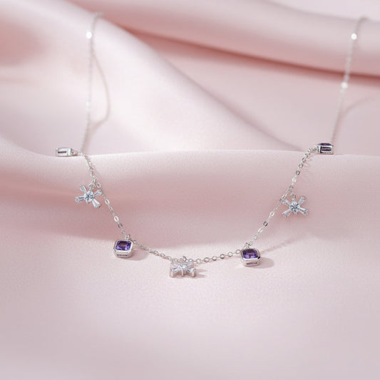 Silver Cluster Square Purple Necklace