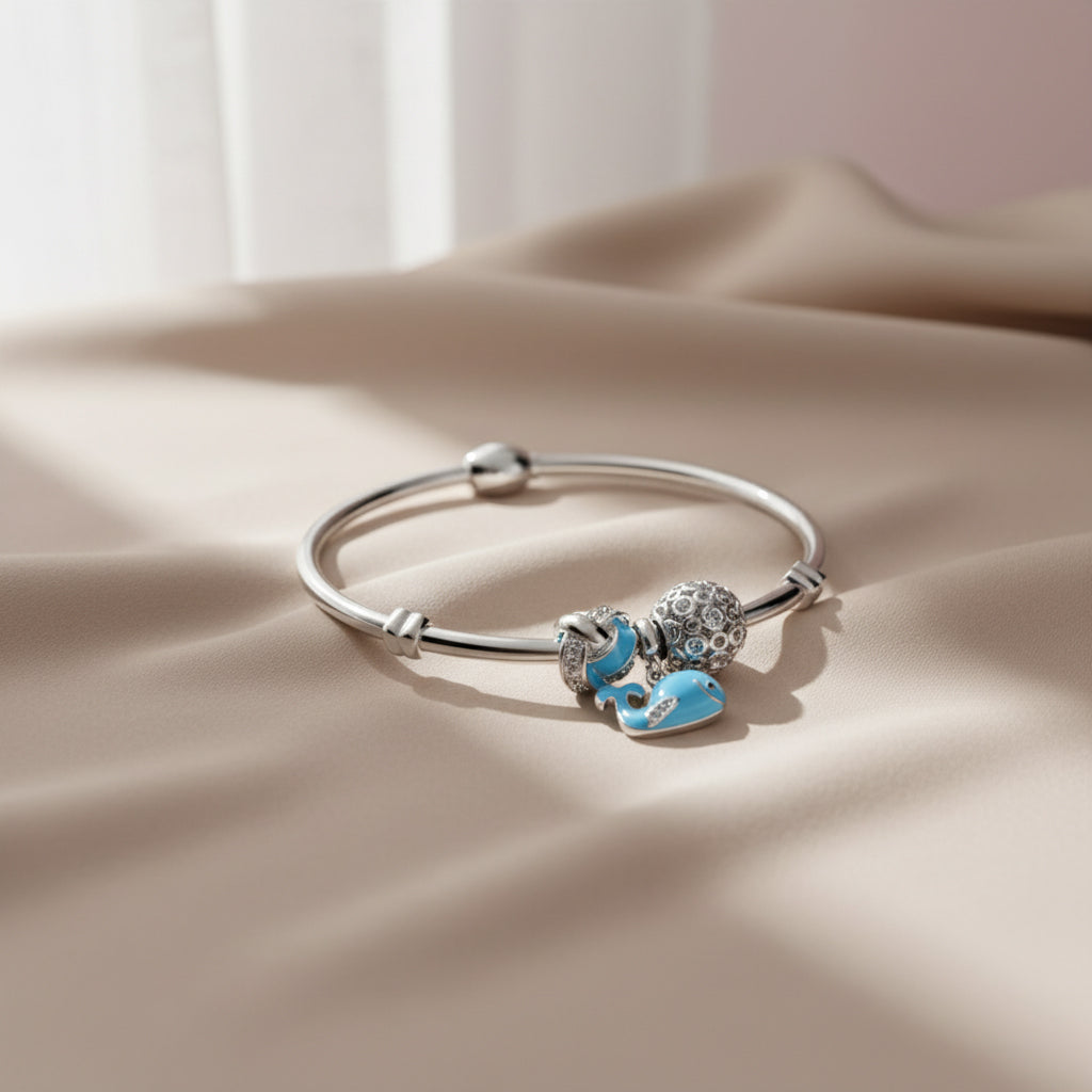 Silver Whimsical Whale Charm Bracelet