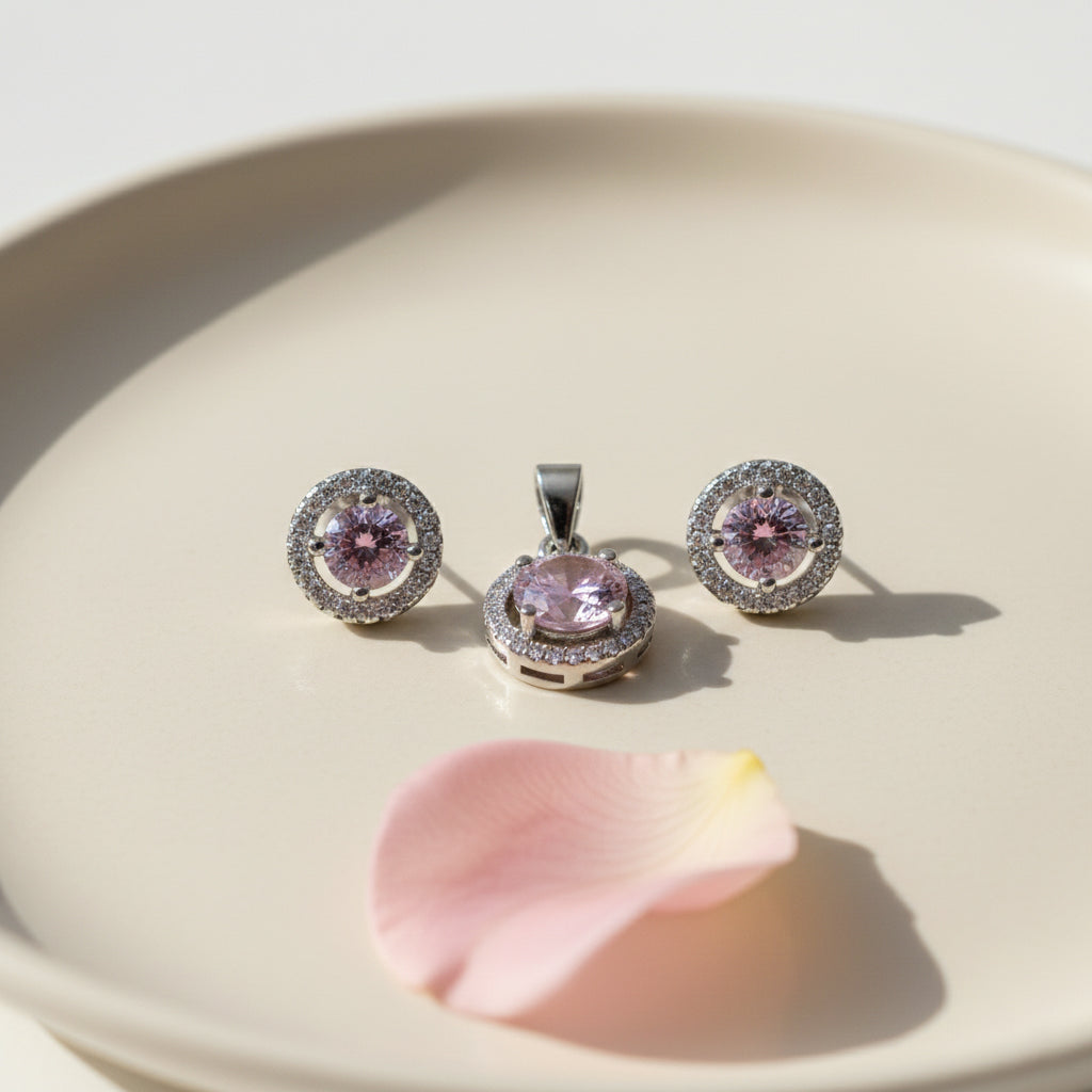 Silver Pink sapphire Round CZ Pendant And stud earrings set